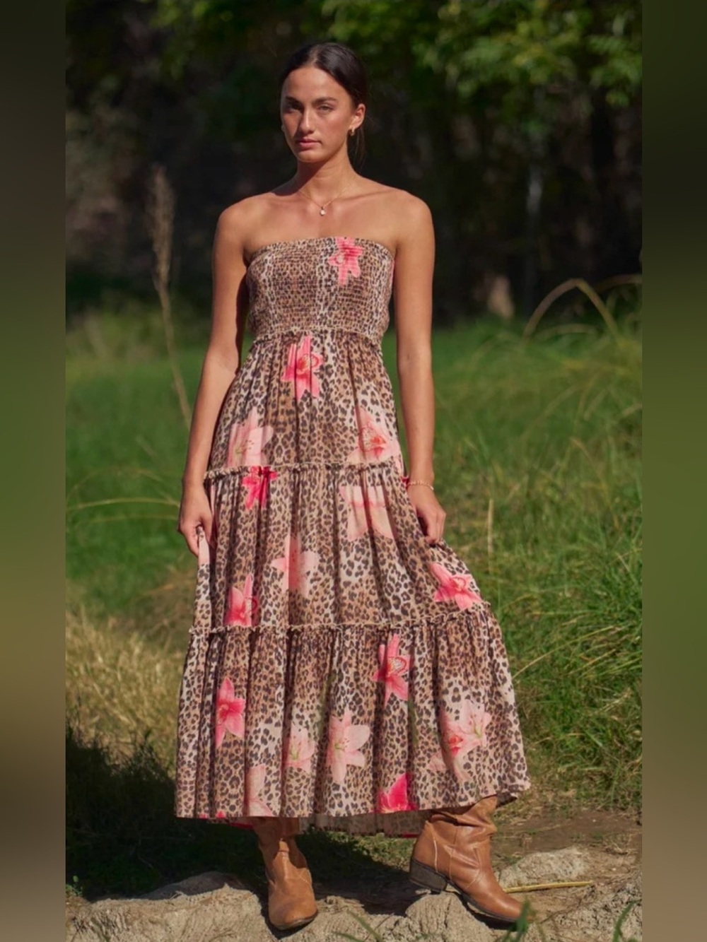 Davi & Dani Mocha Animal Print Floral Smocked dress